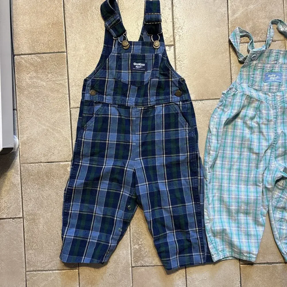 Vtg OshKosh Bgosh Made in USA Overalls Bundle Lot Plaid Jumper Dress 18M 3T 4T